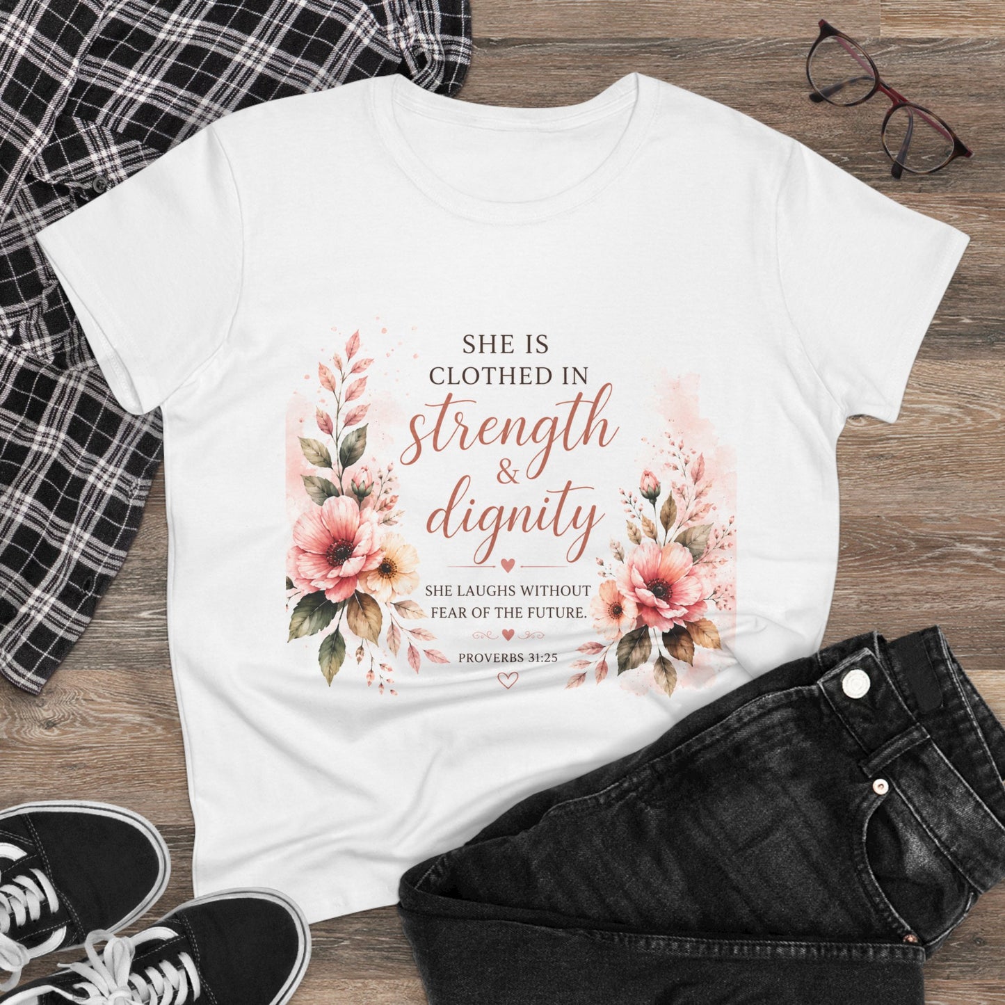 She Is Clothed in Strength & Dignity Christian Floral T-Shirt | Proverbs 31:25