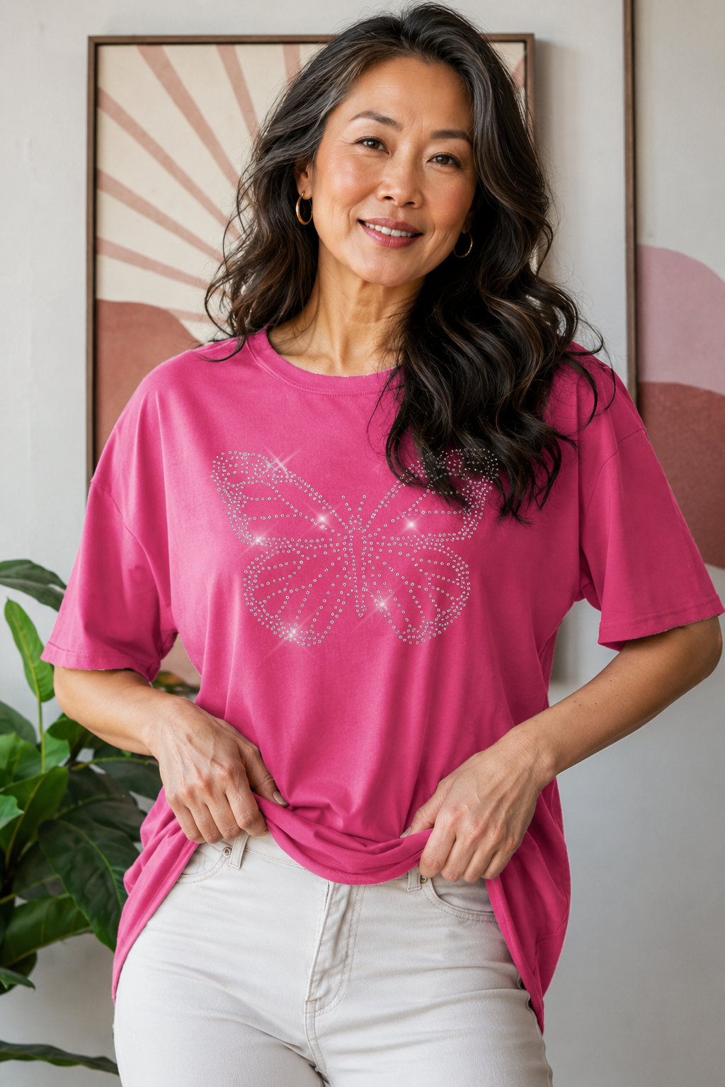 Heimish Full Size Rhinestone Butterfly Round Neck Short Sleeve T-Shirt Plus Size