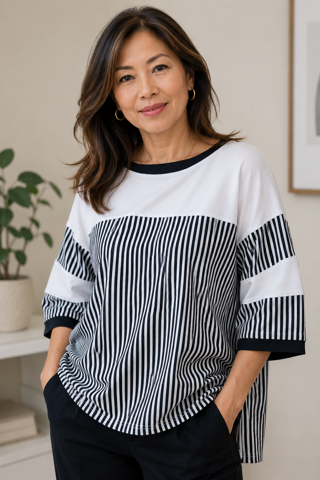 White Birch Full Size Striped Contrast Round Neck Top