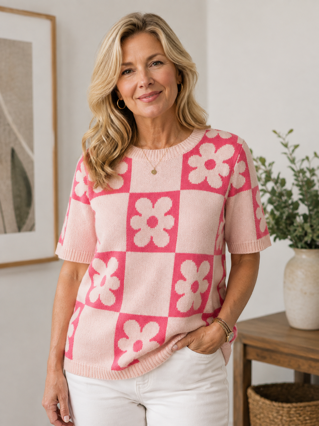 BiBi Flower Checker Pattern Short Sleeve Sweater