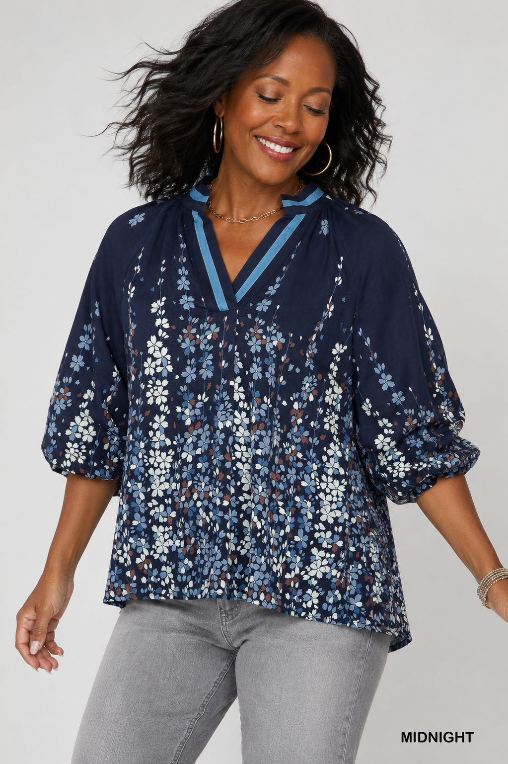Umgee Full Size Floral Vine Print Blouse with Balloon Sleeves Plus Size