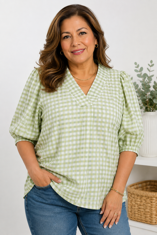 Umgee Gingham Puff Sleeve Collared Blouse
